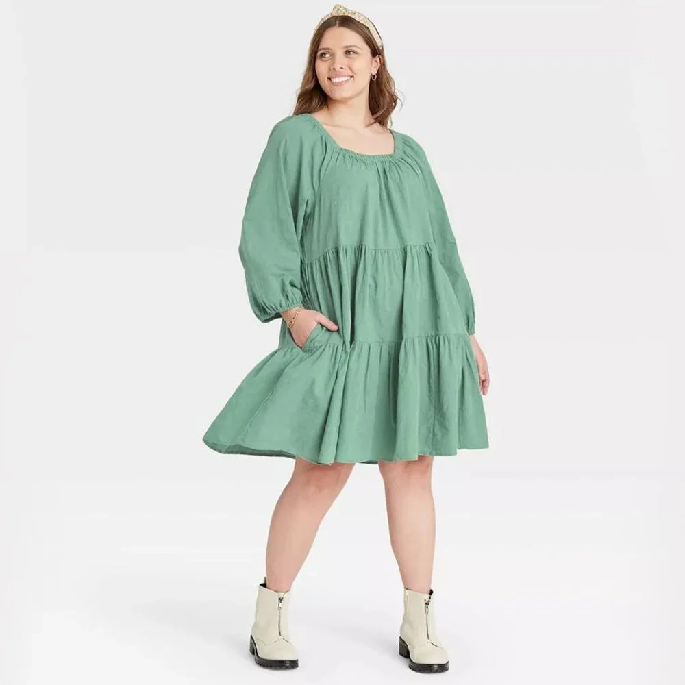 NWT Universal Thread Green Puff Long Sleeve Tiered Dress in Size 3X